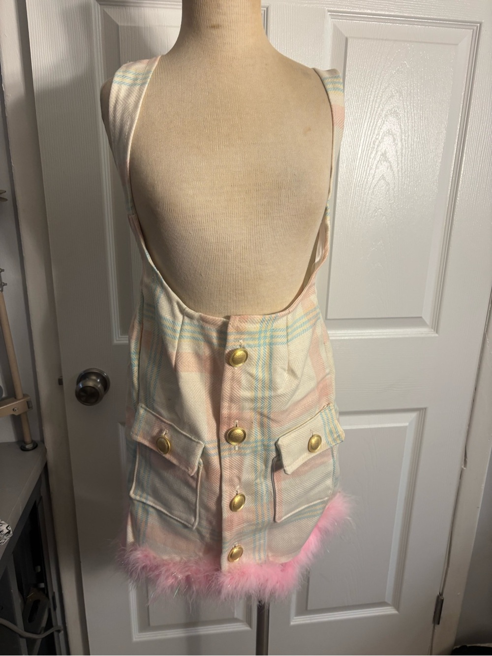 Girls Pastel Plaid Pinafore Dress with Pink Feather Trim